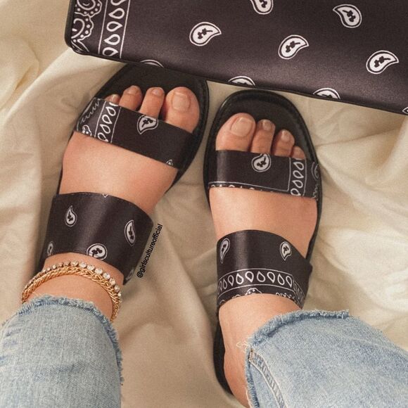 Black Bandana Double Strap Slides Sandals - Picture 2 of 4